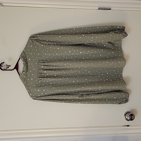 143 STORY BY LINE UP Sage White Polka Dot Bow Tie Long Sleeve Castlecore Blouse - Picture 5 of 8